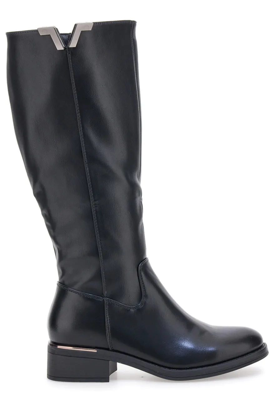 Schwarze Stiefel mit metallischen Einsätzen und niedrigem Absatz Energy I256