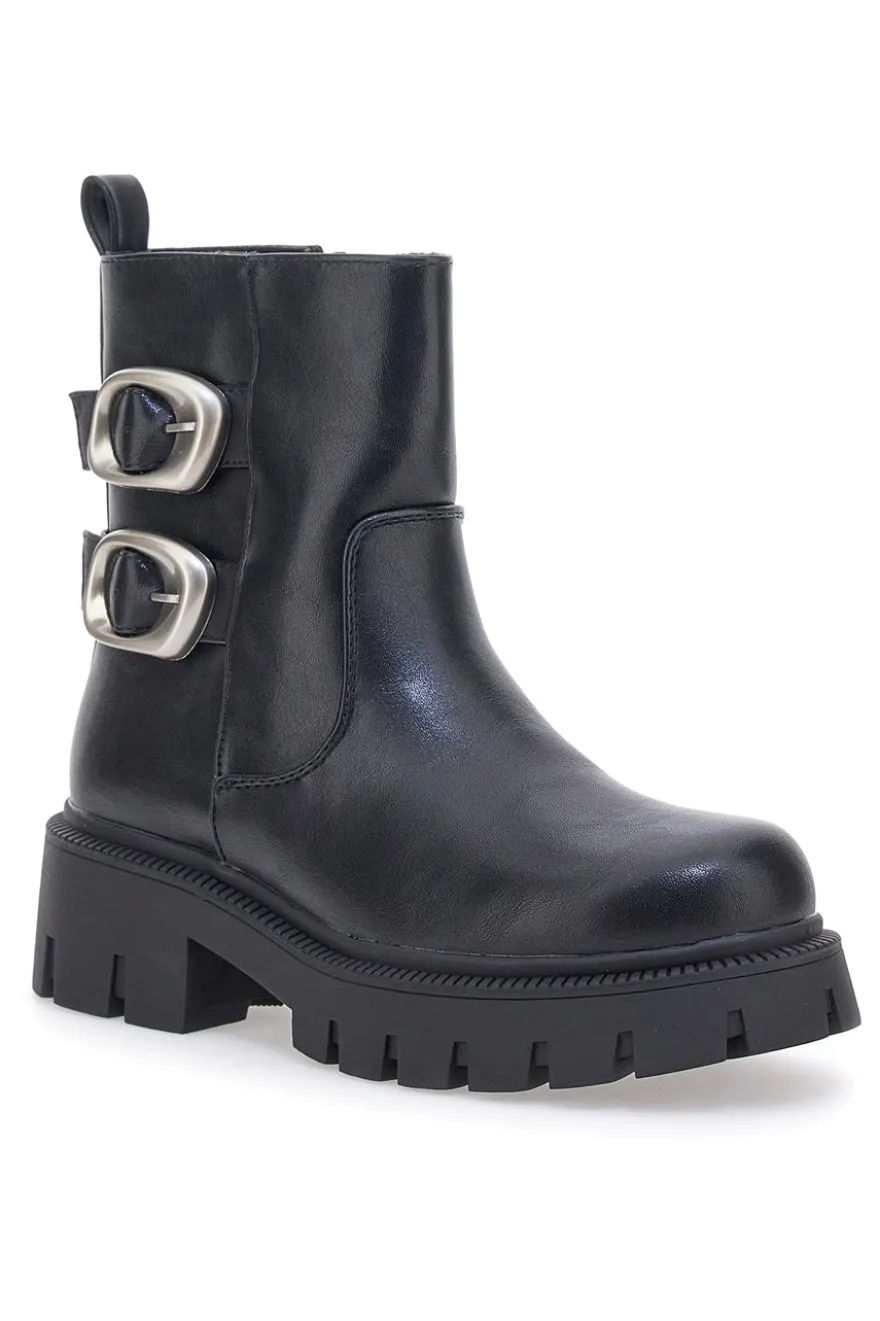 Schwarze Stiefeletten mit seitlichen Schnallen und hoher Profilsohle THE FIRST 501