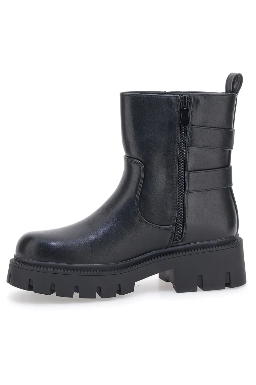 Schwarze Stiefeletten mit seitlichen Schnallen und hoher Profilsohle THE FIRST 501