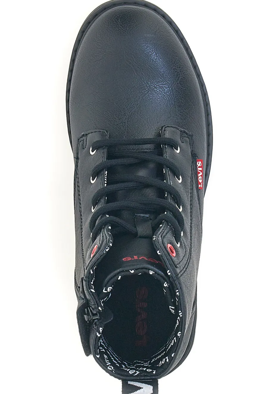 Schwarze Stiefeletten mit seitlichem Reißverschluss und Levi's VPHI0098S-Logodetails