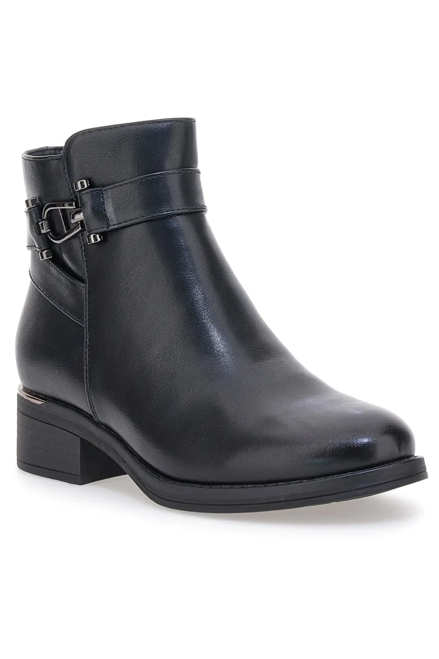 Schwarze Stiefeletten mit dekorativer Schnalle und niedriger Sohle Energy I255