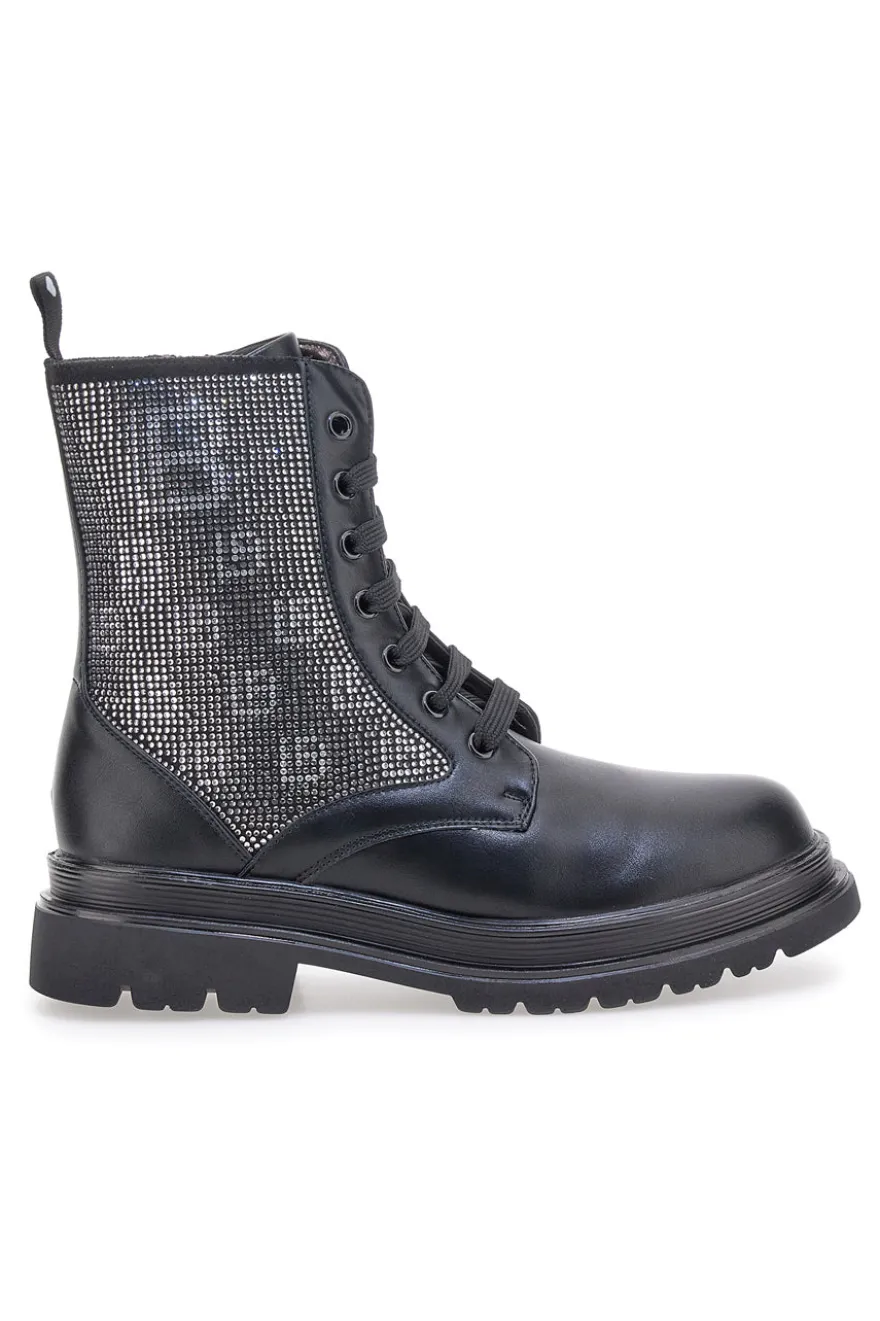 Schwarze Stiefeletten von Laura Biagiotti (Modell L97109502) mit Strasssteinen an den Seiten.