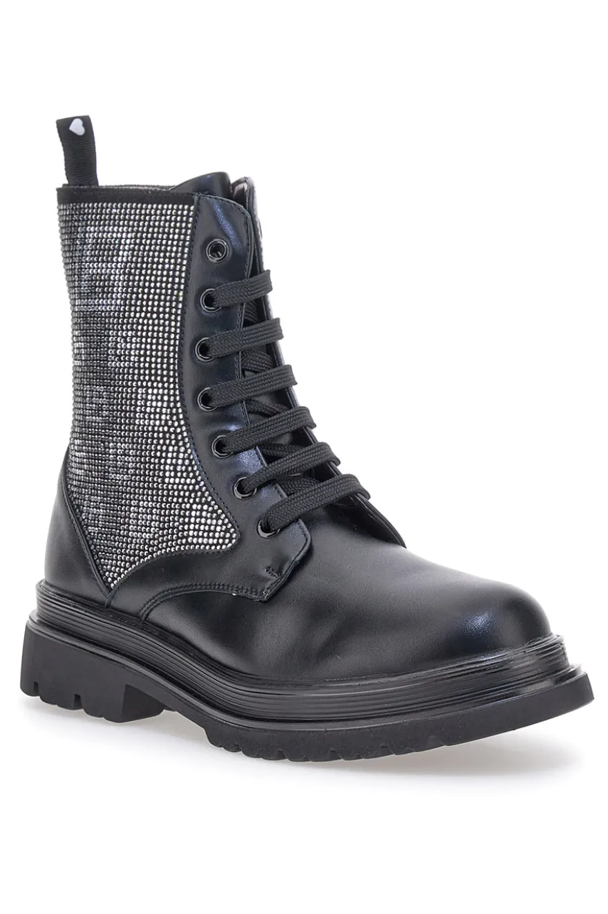 Schwarze Stiefeletten von Laura Biagiotti (Modell L97109502) mit Strasssteinen an den Seiten.