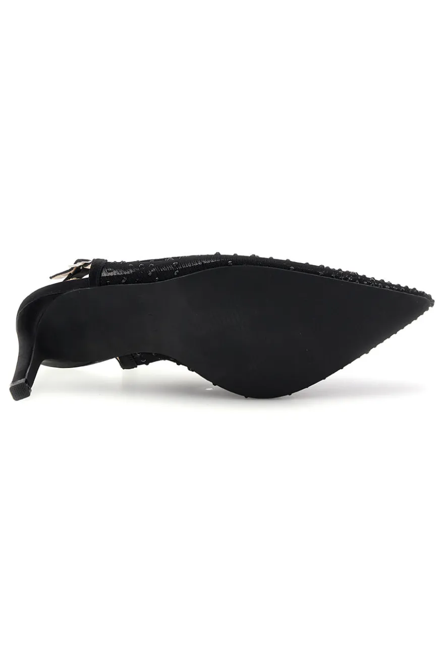 Schwarze Tüll Slingback Pumps mit Strasssteinen First Lady P656