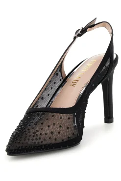 Schwarze Tüll Slingback Pumps mit Strasssteinen First Lady P656
