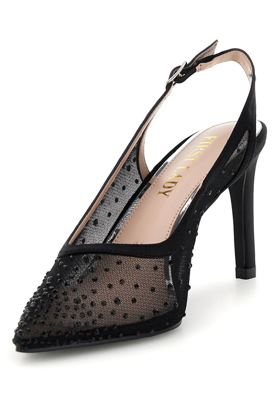 Schwarze Tüll Slingback Pumps mit Strasssteinen First Lady P656