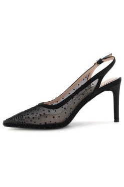 Schwarze Tüll Slingback Pumps mit Strasssteinen First Lady P656
