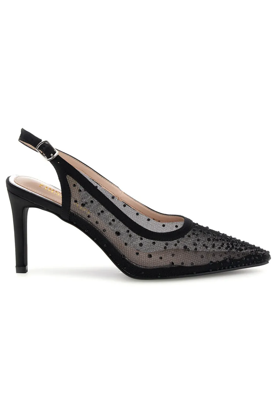 Schwarze Tüll Slingback Pumps mit Strasssteinen First Lady P656