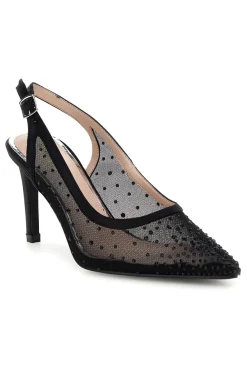 Schwarze Tüll Slingback Pumps mit Strasssteinen First Lady P656