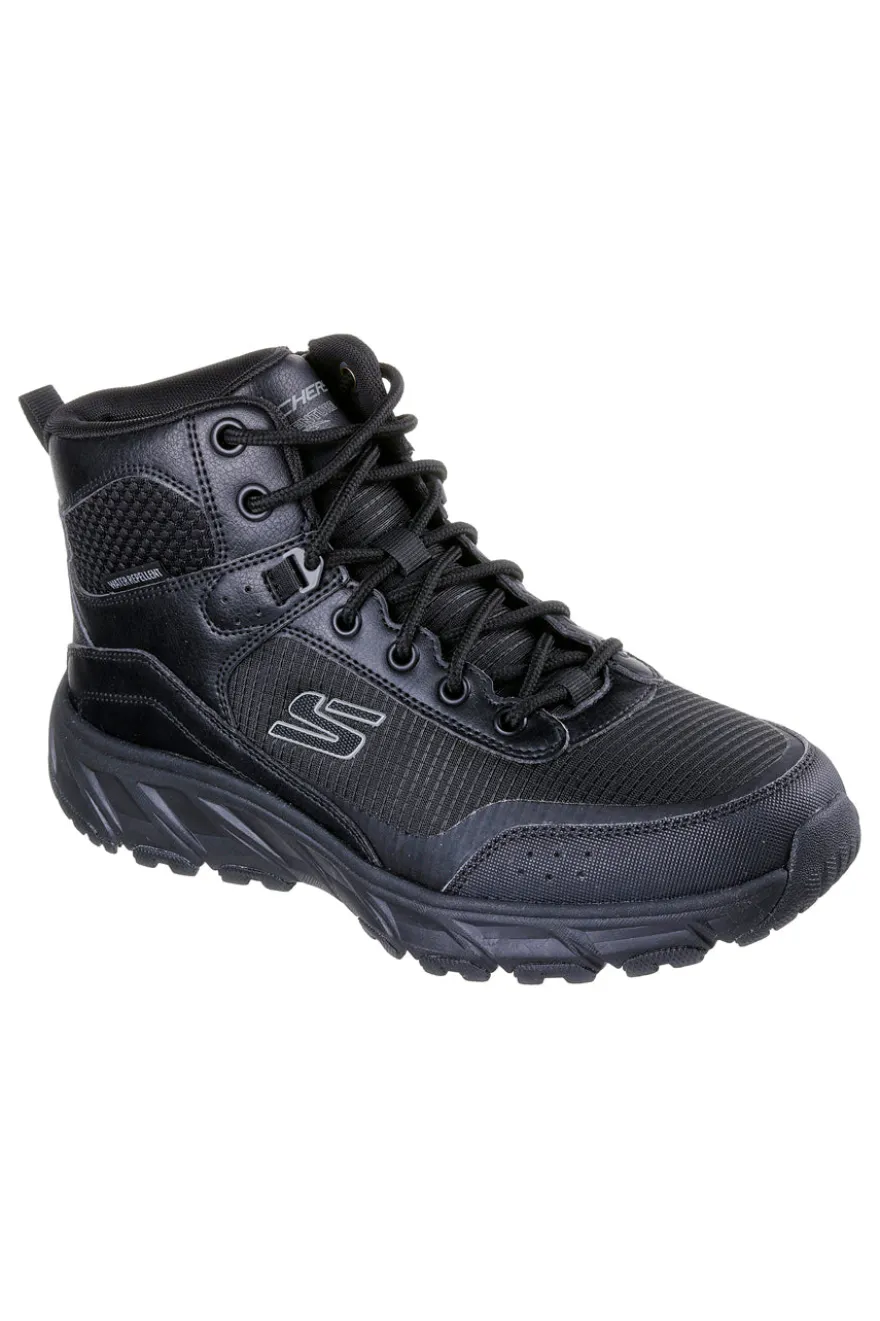 Schwarze, wasserabweisende Stiefel mit Skechers Hillcrest 2.0 Woodrock Peak Memory Foam