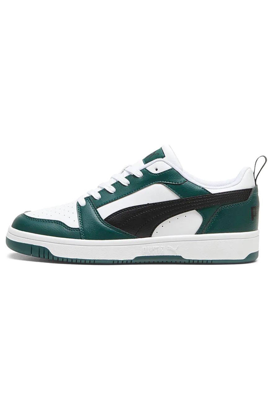 Schwarze, weiße und grüne Puma Rebound V6 Low-Sneaker
