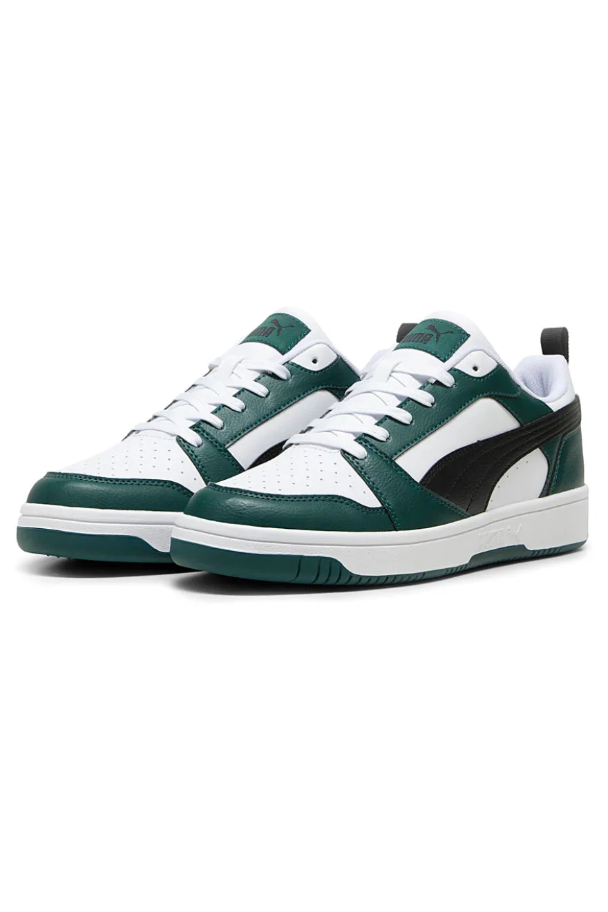 Schwarze, weiße und grüne Puma Rebound V6 Low-Sneaker