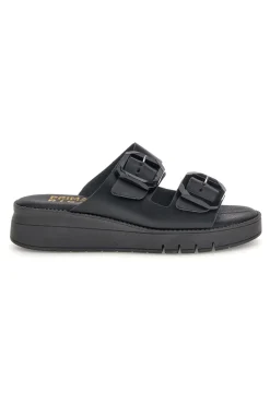 Schwarzer Slipper mit doppeltem Riemen und Schnallen Prima riga V113