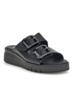 Schwarzer Slipper mit doppeltem Riemen und Schnallen Prima riga V113