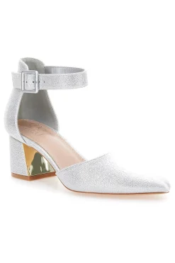 Silberne Pumps mit spitzer Spitze, Fesselriemchen und mittlerem Absatz MON DIEU 8257482838