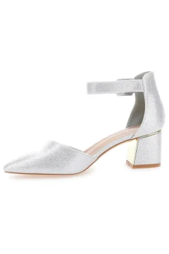 Silberne Pumps mit spitzer Spitze, Fesselriemchen und mittlerem Absatz MON DIEU 8257482838