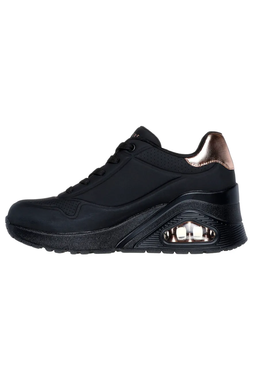 Skechers – Uno Wedge Hi Steps – Schwarze Keilsneaker mit goldenen Details