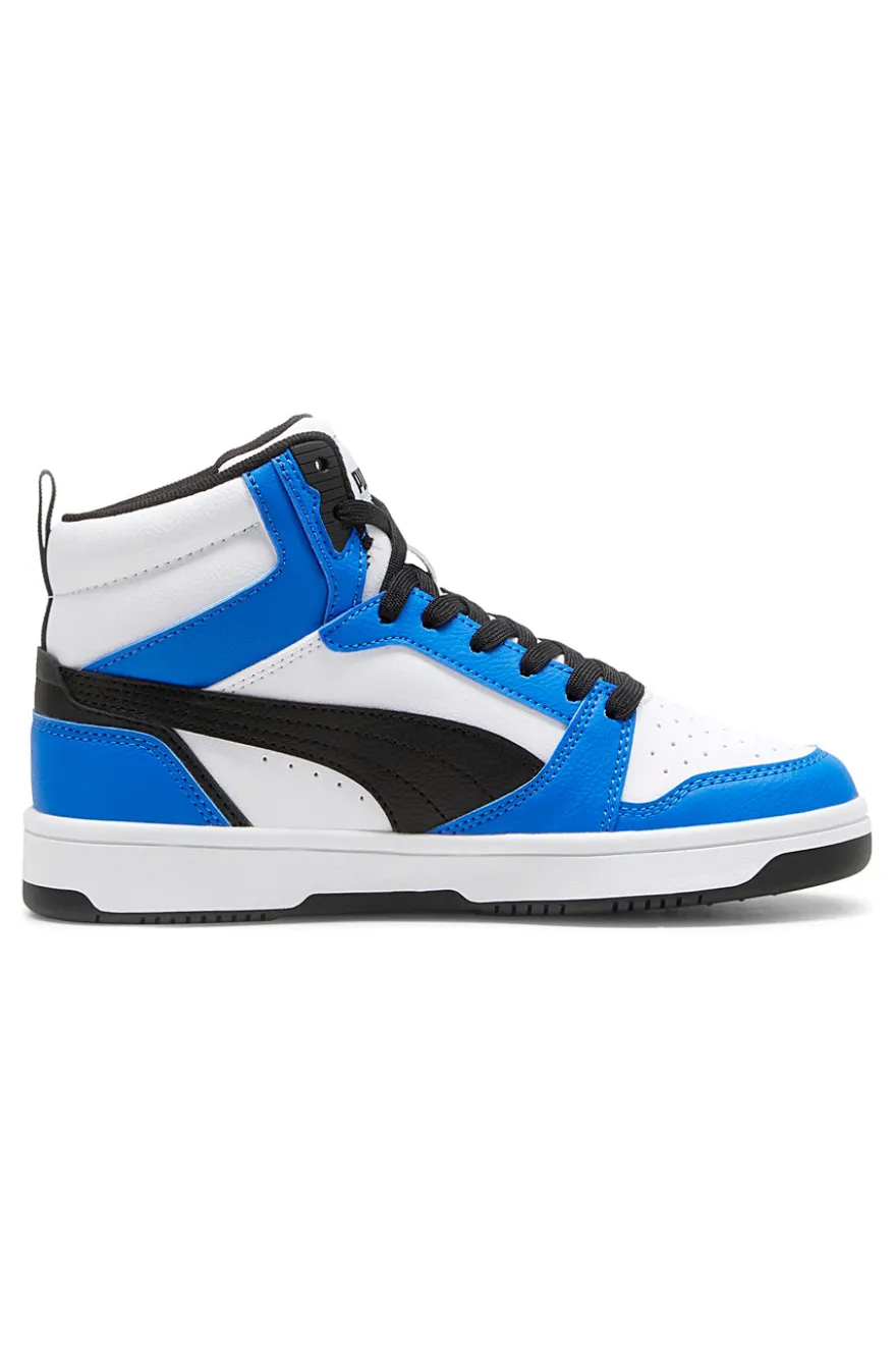 Sneakers alte bianche blu e nere stile basket Puma Rebound V6 Mid Jr