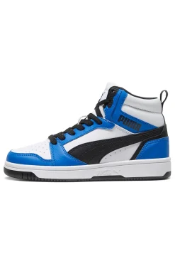 Sneakers alte bianche blu e nere stile basket Puma Rebound V6 Mid Jr