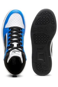 Sneakers alte bianche blu e nere stile basket Puma Rebound V6 Mid Jr