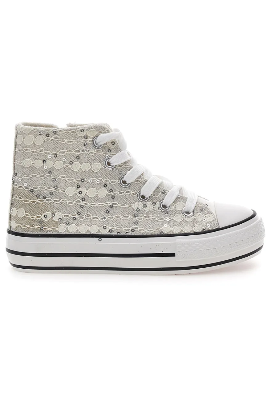 Sneakers alte bianche con pizzo e paillettes ENERGY E106