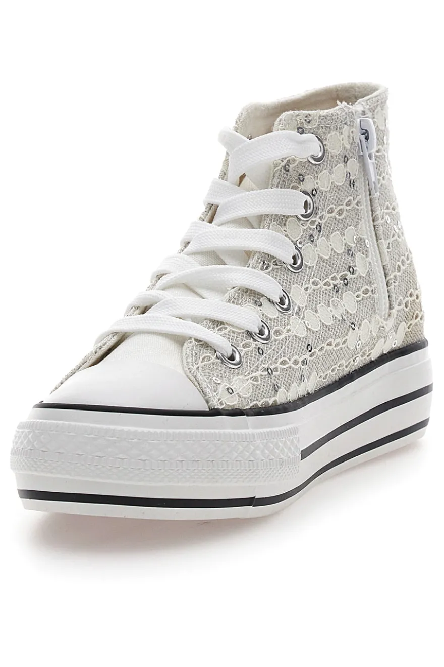 Sneakers alte bianche con pizzo e paillettes ENERGY E106