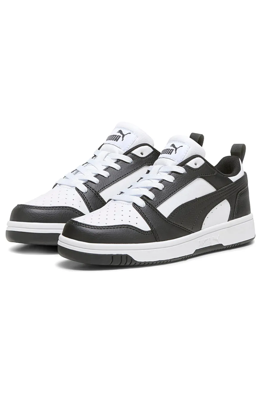 Sneakers basse bianche e nere stile basket Puma Rebound V6 Lo Jr
