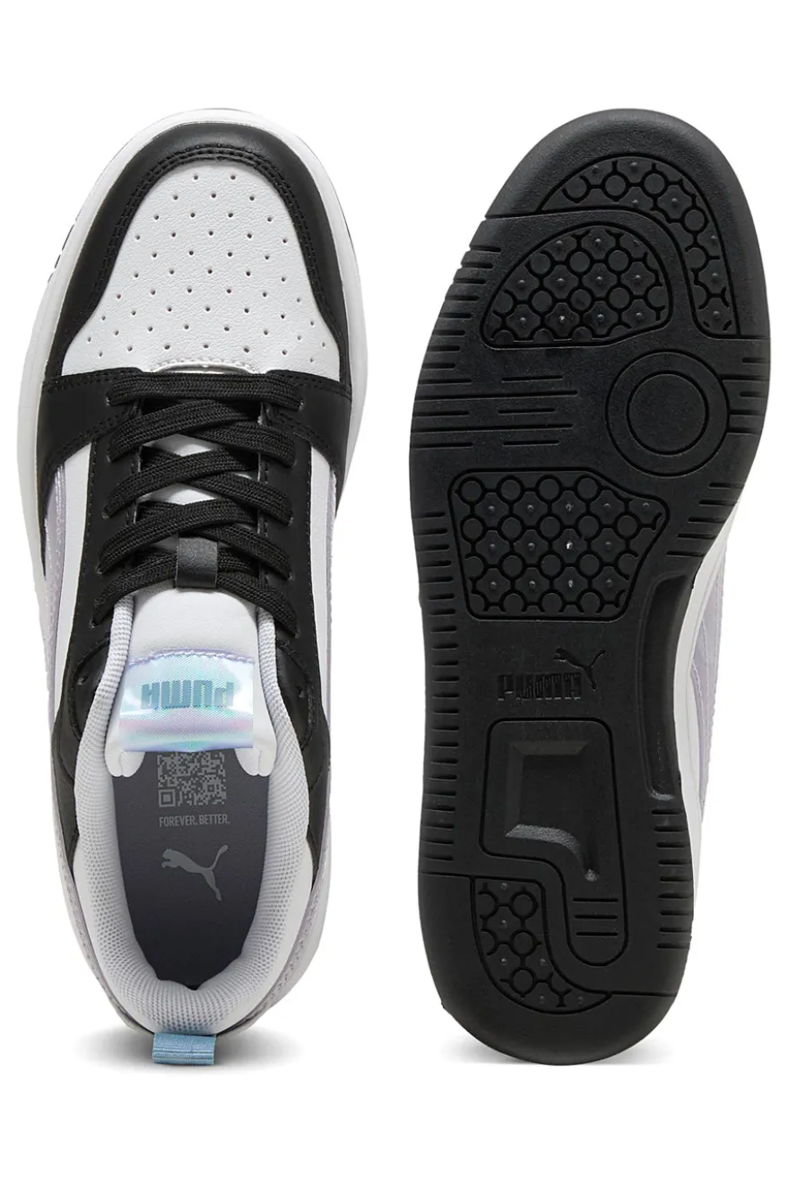 Sneakers basse bianche nere e lilla con dettagli iridescenti Puma Rebound V6 Lo Space Belle Jr