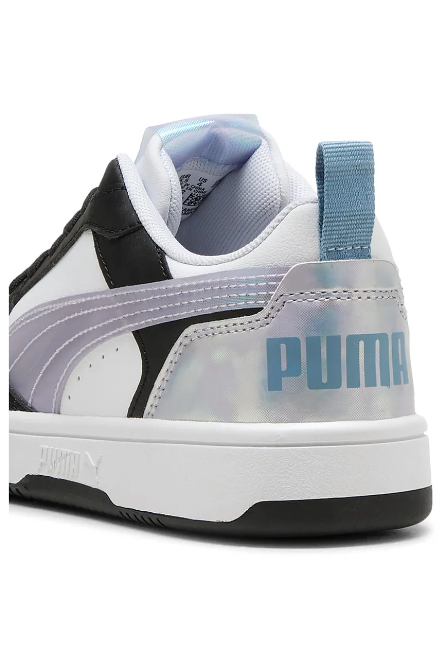 Sneakers basse bianche nere e lilla con dettagli iridescenti Puma Rebound V6 Lo Space Belle Jr