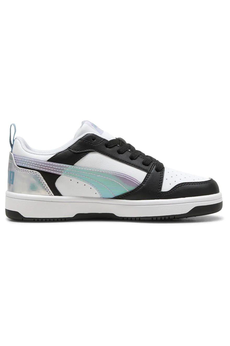 Sneakers basse bianche nere e lilla con dettagli iridescenti Puma Rebound V6 Lo Space Belle Jr
