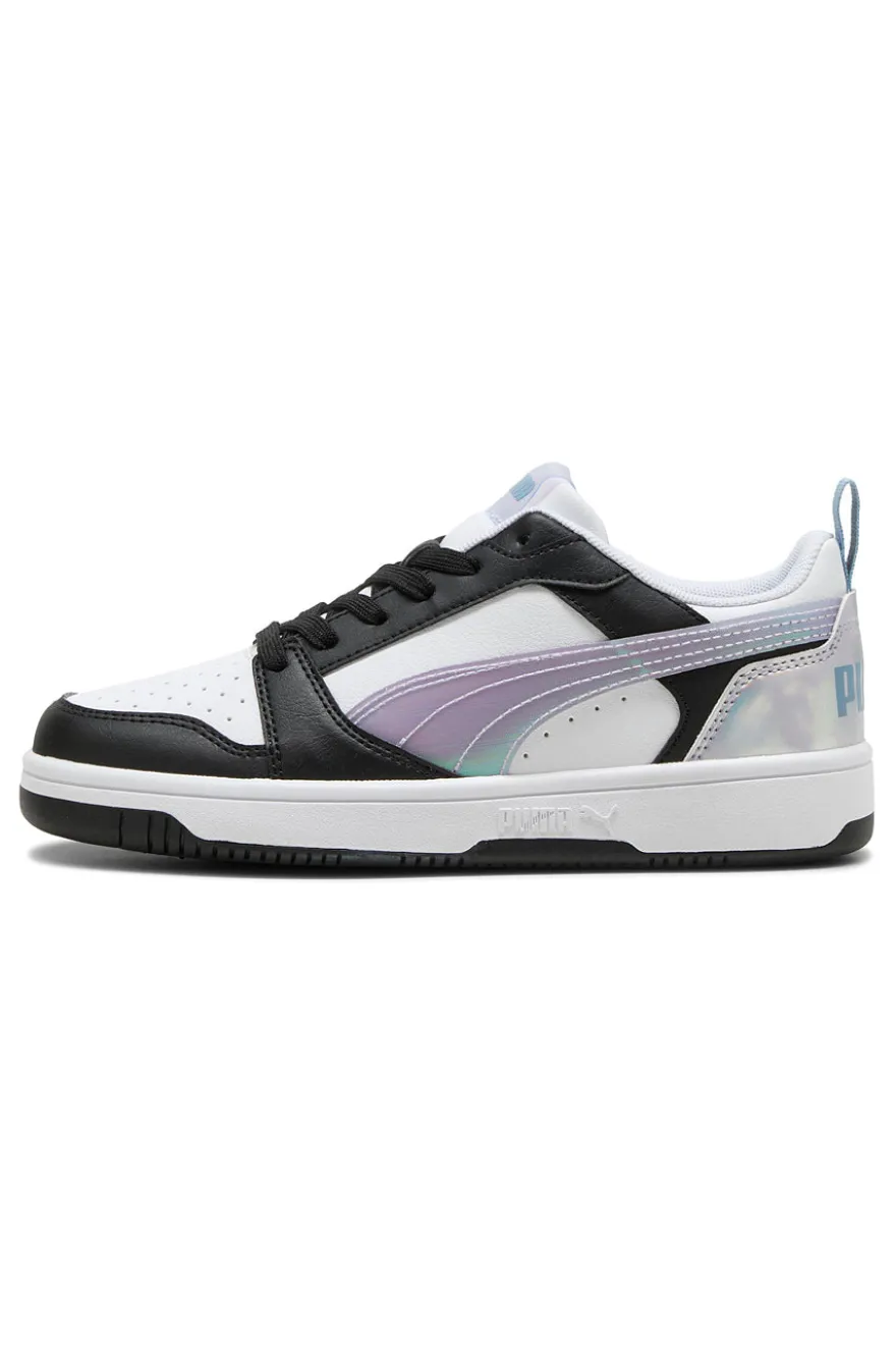 Sneakers basse bianche nere e lilla con dettagli iridescenti Puma Rebound V6 Lo Space Belle Jr