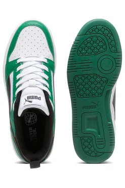 Sneakers basse bianche verdi e nere stile basket Puma Rebound V6 Lo Jr