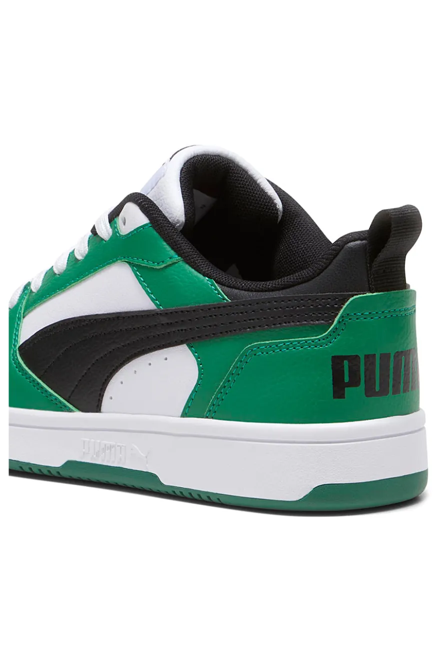 Sneakers basse bianche verdi e nere stile basket Puma Rebound V6 Lo Jr