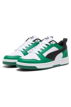 Sneakers basse bianche verdi e nere stile basket Puma Rebound V6 Lo Jr
