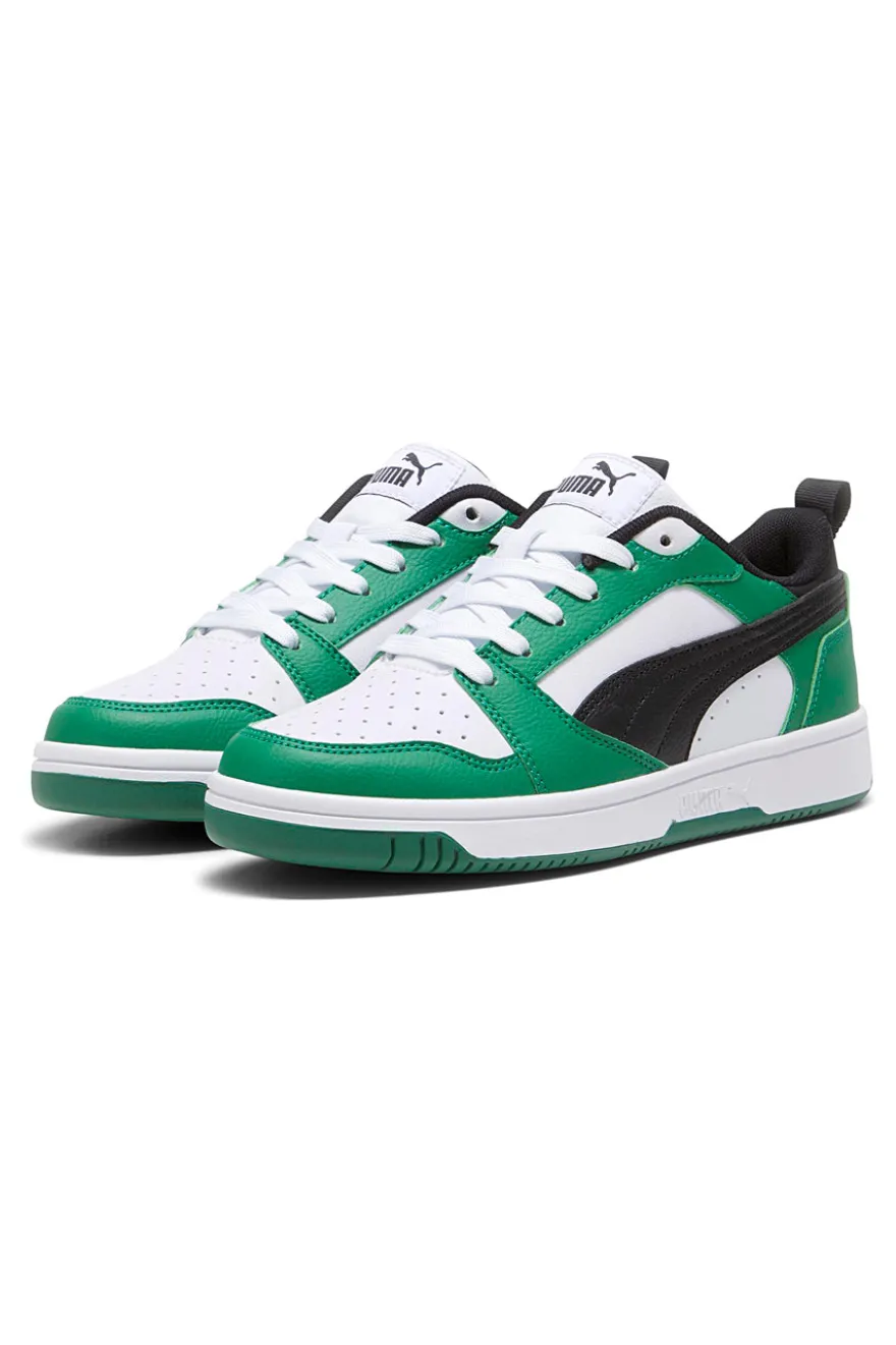 Sneakers basse bianche verdi e nere stile basket Puma Rebound V6 Lo Jr