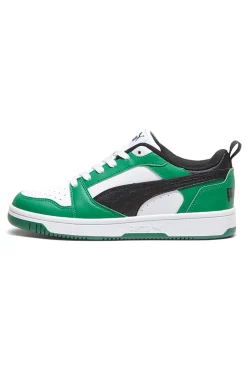 Sneakers basse bianche verdi e nere stile basket Puma Rebound V6 Lo Jr