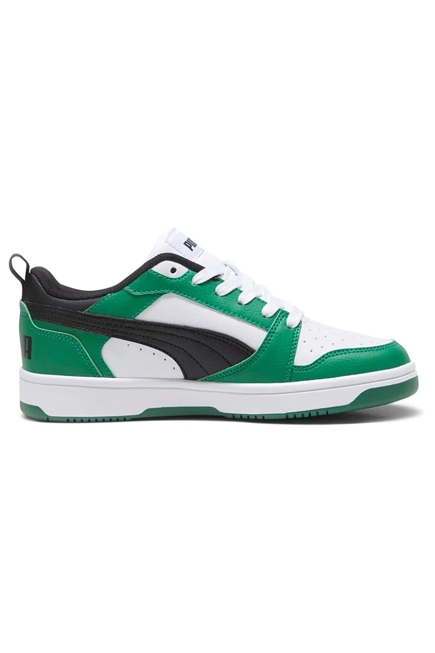 Sneakers basse bianche verdi e nere stile basket Puma Rebound V6 Lo Jr