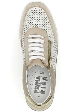 Sneakers Beige Bianco in pelle con lacci e zip Prima riga 21668FAST