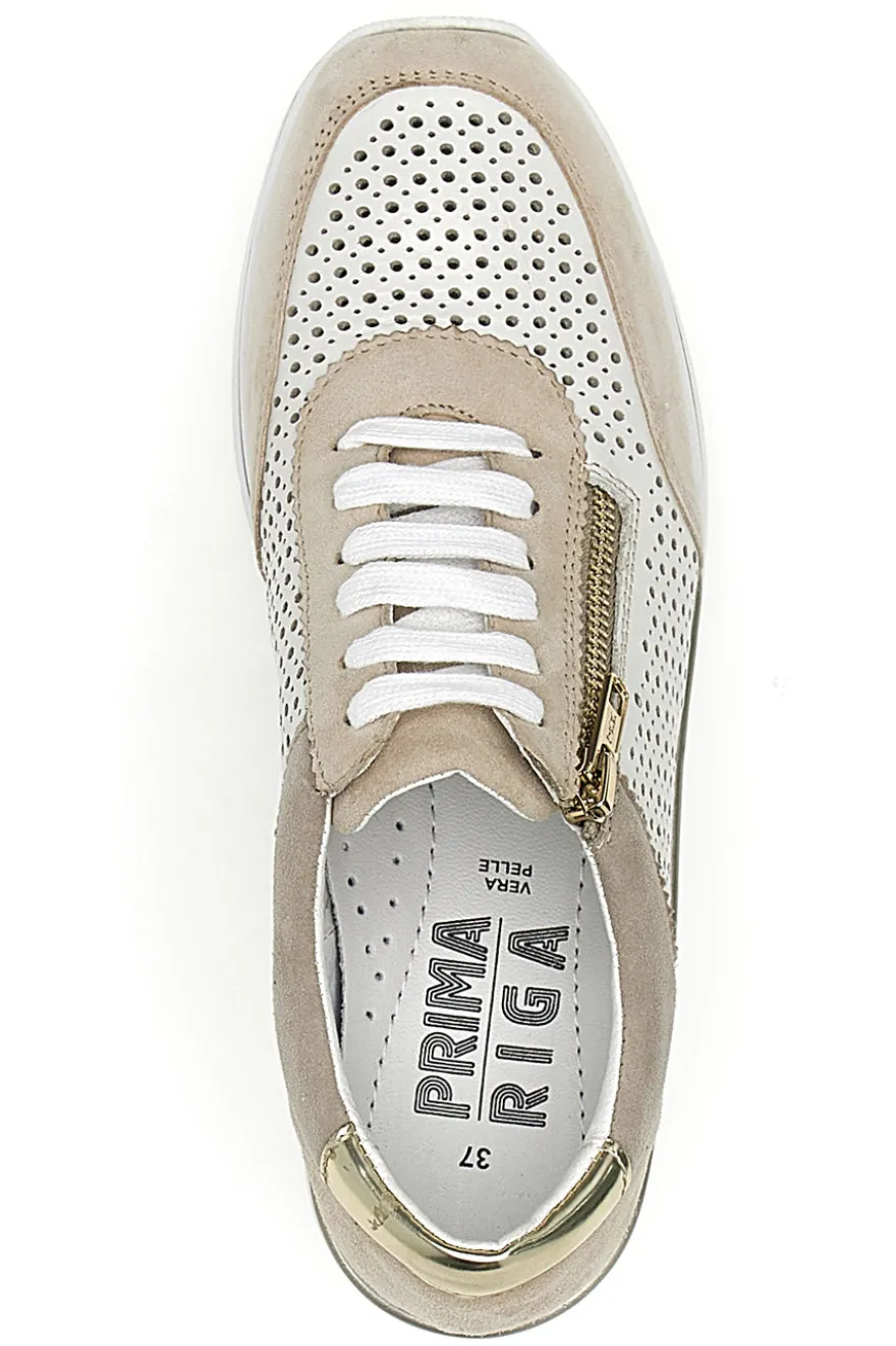 Sneakers Beige Bianco in pelle con lacci e zip Prima riga 21668FAST