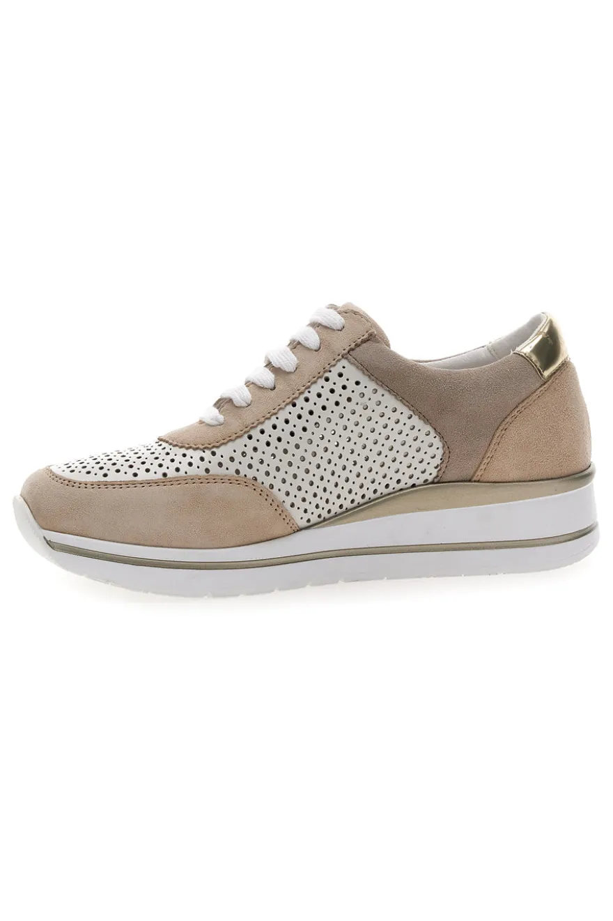 Sneakers Beige Bianco in pelle con lacci e zip Prima riga 21668FAST