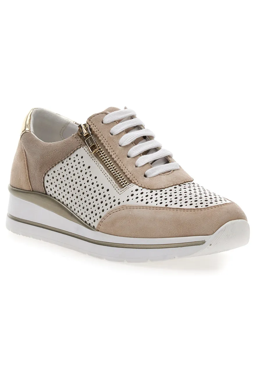 Sneakers Beige Bianco in pelle con lacci e zip Prima riga 21668FAST