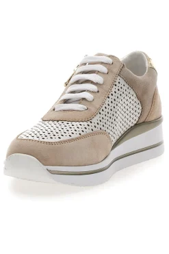 Sneakers Beige Bianco in pelle con lacci e zip Prima riga 21668FAST