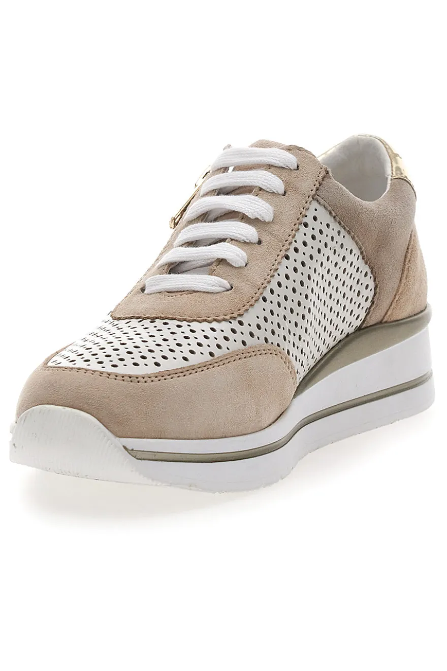 Sneakers Beige Bianco in pelle con lacci e zip Prima riga 21668FAST