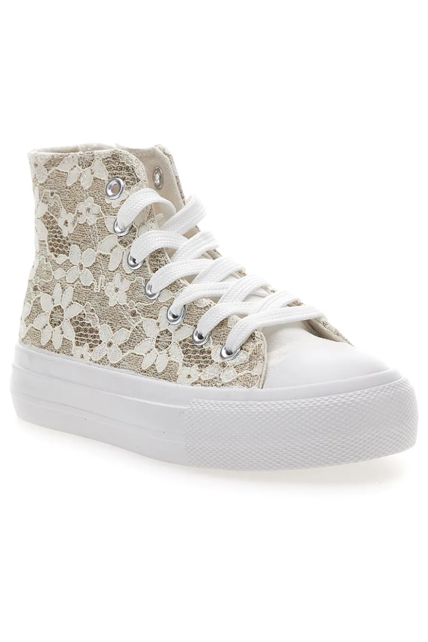 Sneakers Beige con Ricami a Fiori Bianchi GRAZIE GIRL 155727