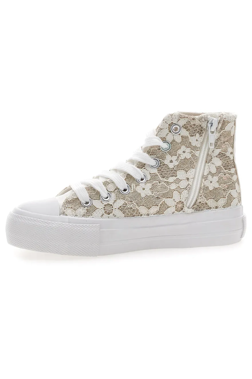 Sneakers Beige con Ricami a Fiori Bianchi GRAZIE GIRL 155727