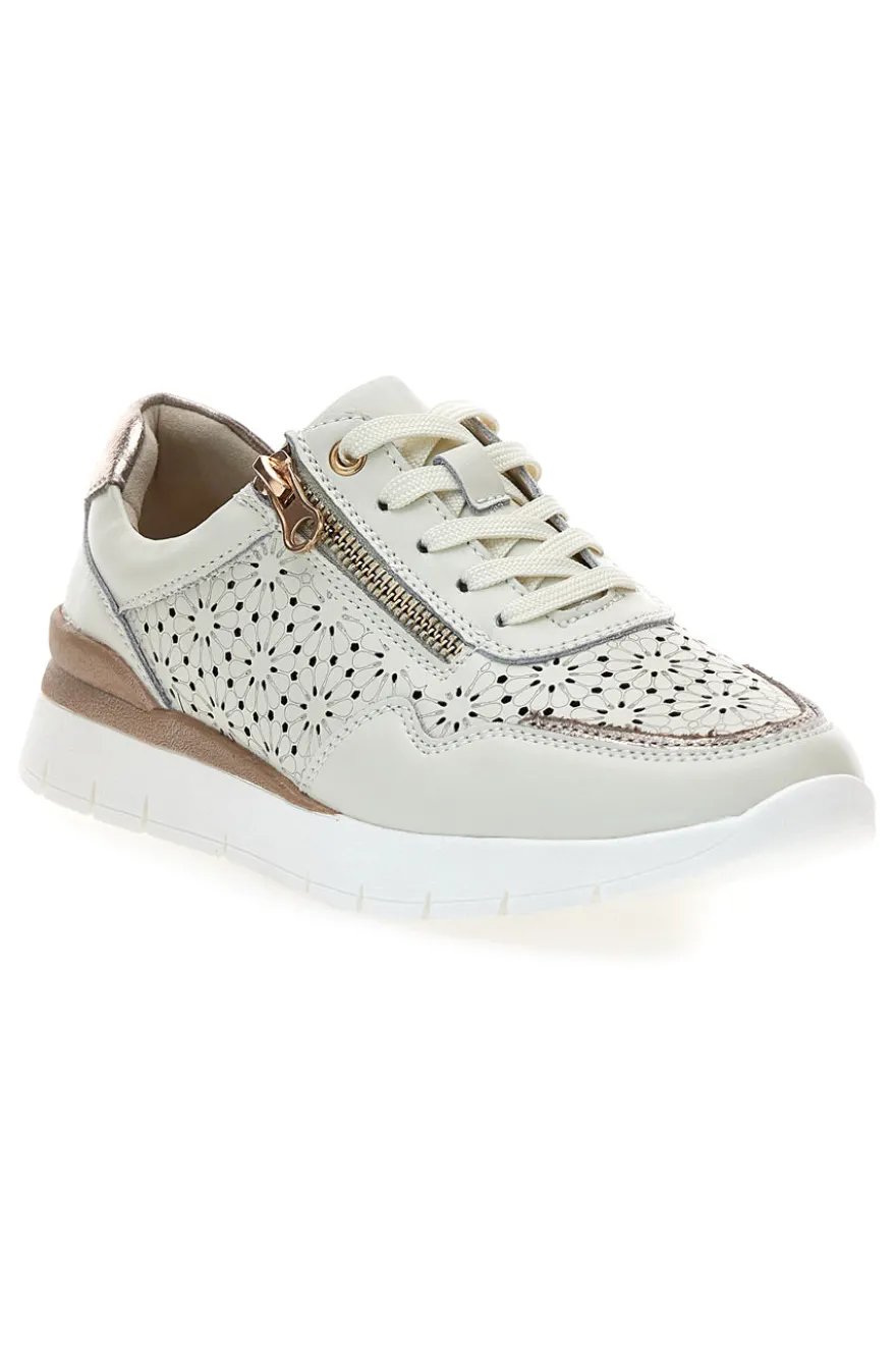 Sneakers beige traforate in vera pelle con cerniera Prima riga 182082