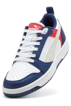 Sneakers bianche blu e rosse stile basket Puma Rebound V6 Lo Jr