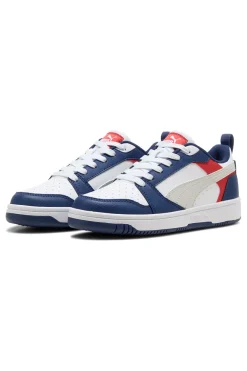 Sneakers bianche blu e rosse stile basket Puma Rebound V6 Lo Jr