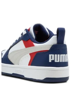 Sneakers bianche blu e rosse stile basket Puma Rebound V6 Lo Jr