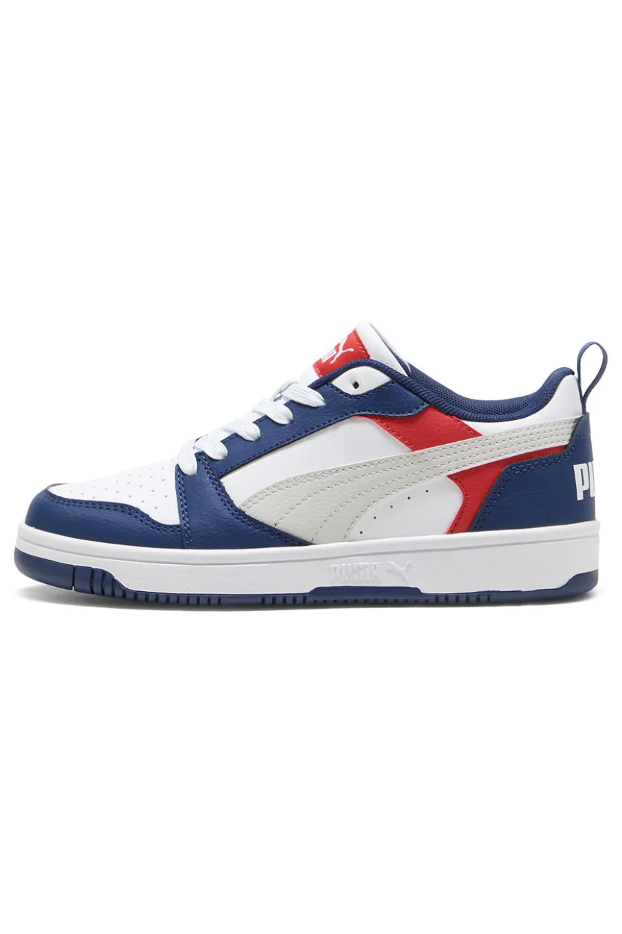 Sneakers bianche blu e rosse stile basket Puma Rebound V6 Lo Jr